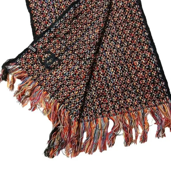 CHANEL Luxury Vintage Black & Red Multi-Color Woven Fringed Shawl Wrap Scarf - Picture 9 of 15